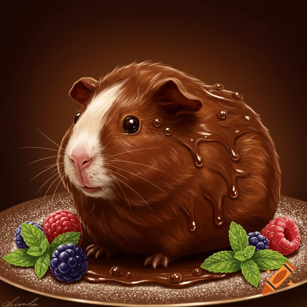 A cute brown and white guinea pig covered in chocolate sauce, sitting on a chocolate-dusted plate with fresh berries and mint leaves, in a whimsical illustration style.