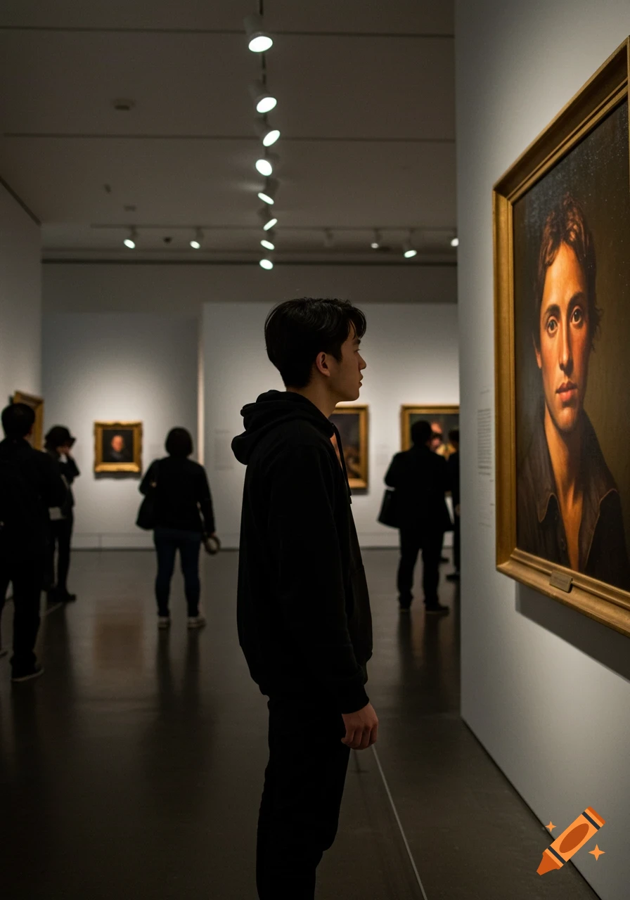 A person in a black hoodie stands in an art gallery, looking intently at a classical portrait painting on the wall.