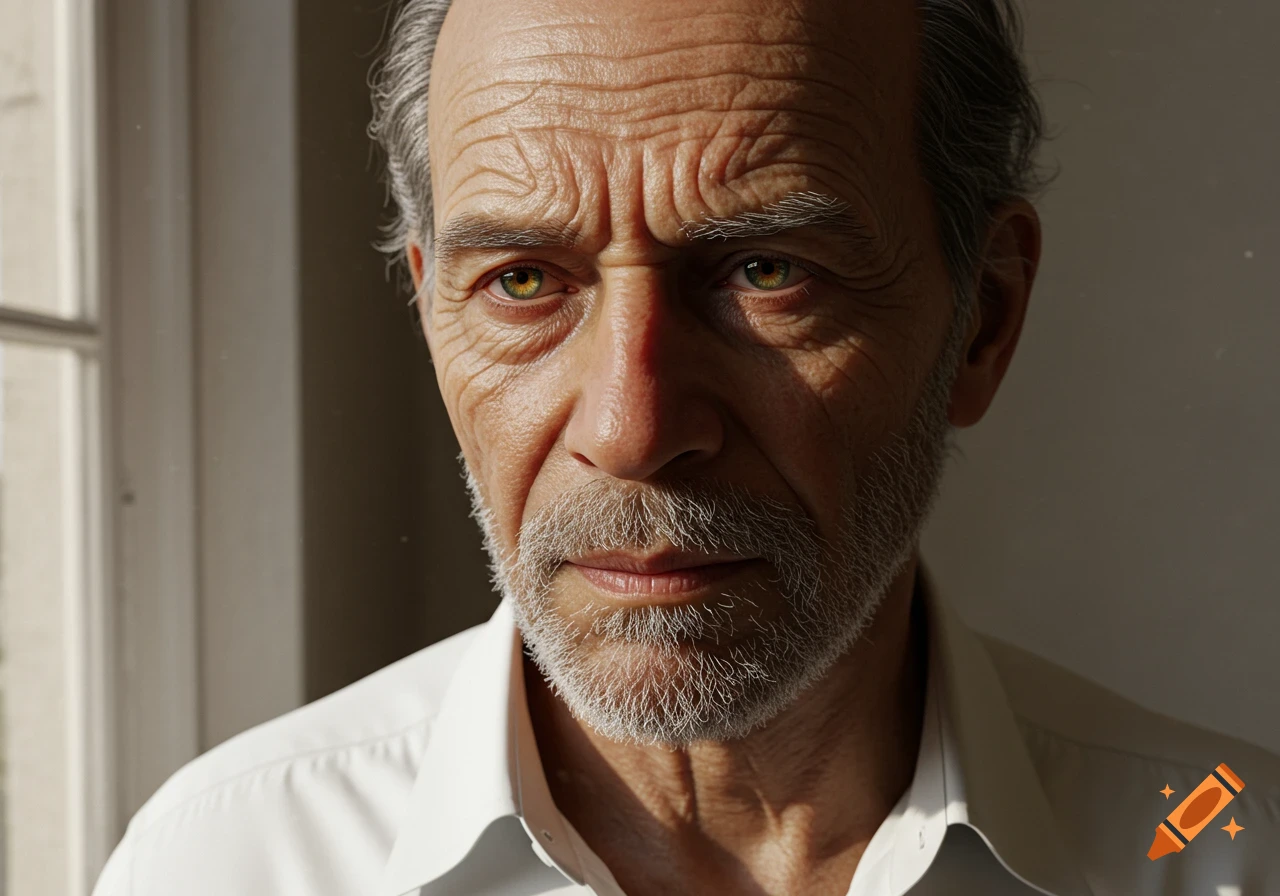 A close-up, photorealistic portrait of an elderly man with grey hair and beard, looking directly forward. Sunlight illuminates his wrinkled face.