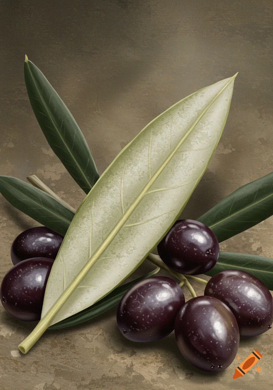 Close-up of dark purple olives on a branch with green leaves against a textured brown background, depicted in a realistic style.