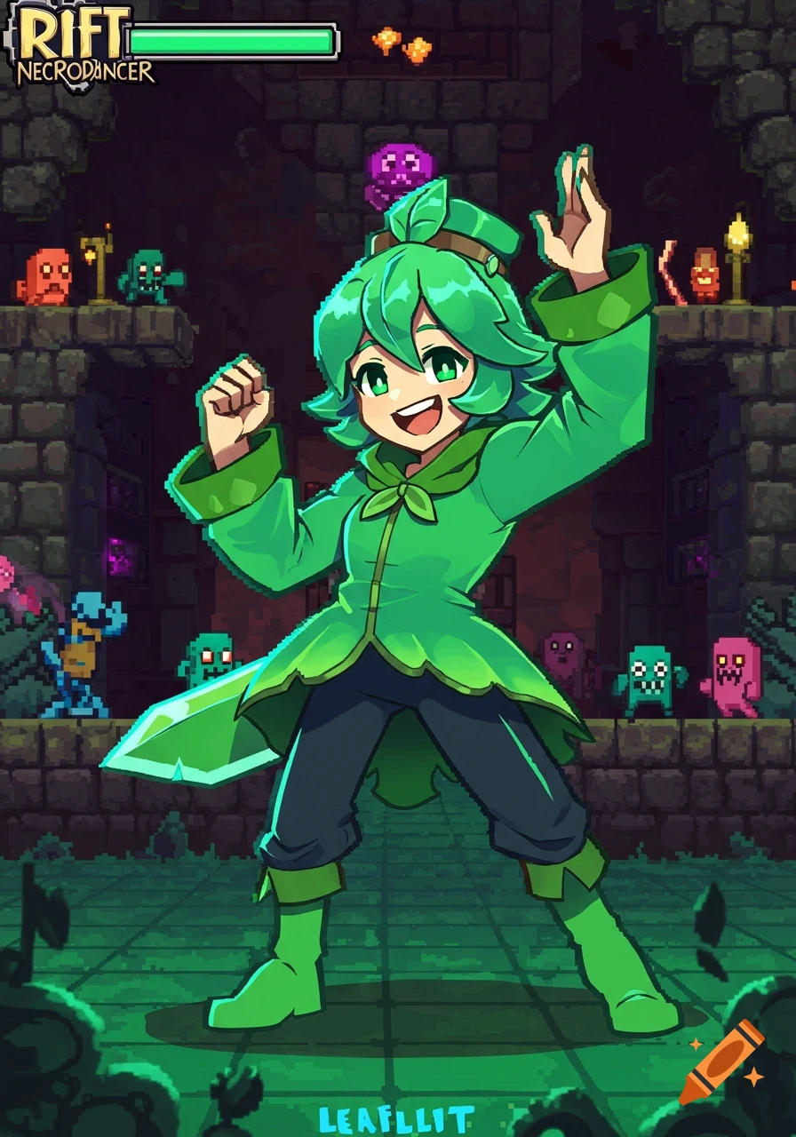 Joyful green-haired character in a green outfit with a leafy collar, in a pixel art dungeon, from "Rift NecroDancer."