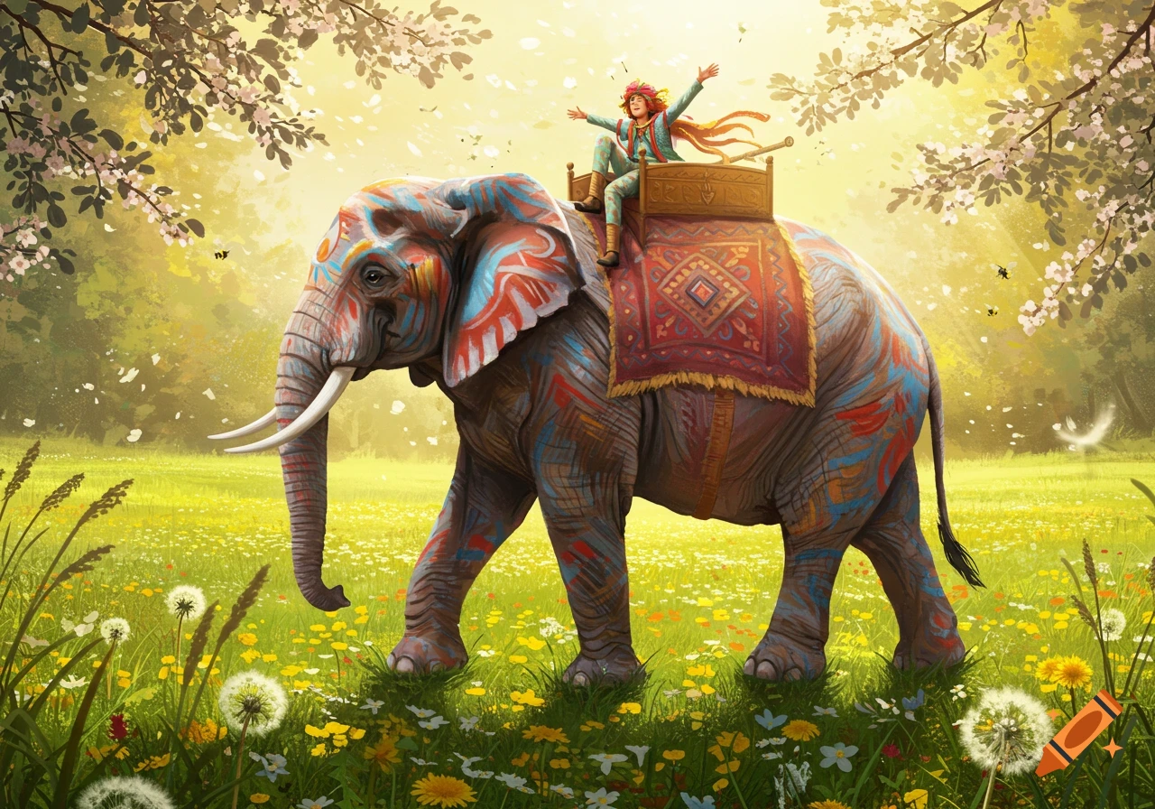 A vibrant, colorful elephant carries a person in bright clothes across a sunny flower meadow, surrounded by trees. Illustrative style.