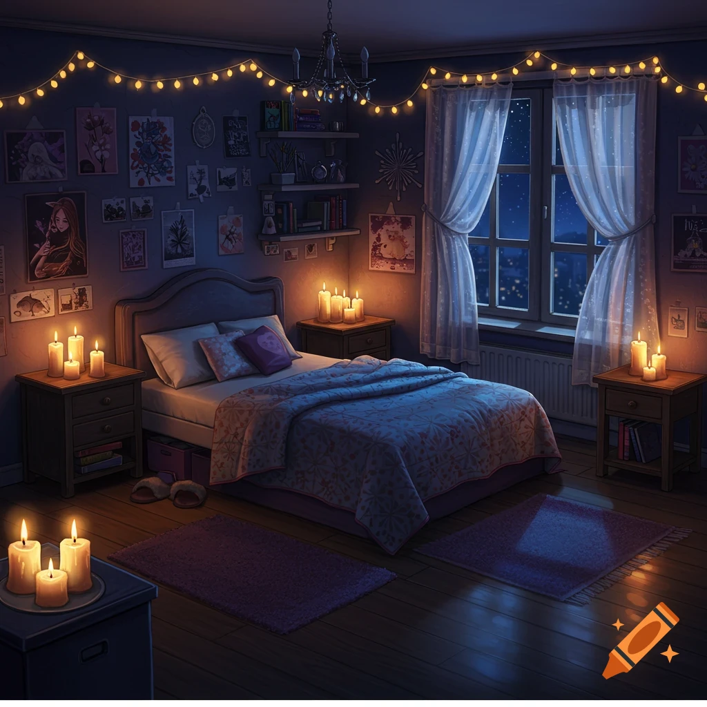 Cozy anime-style bedroom at night, illuminated by candles and string lights, with a bed, nightstands, and city view from the window.