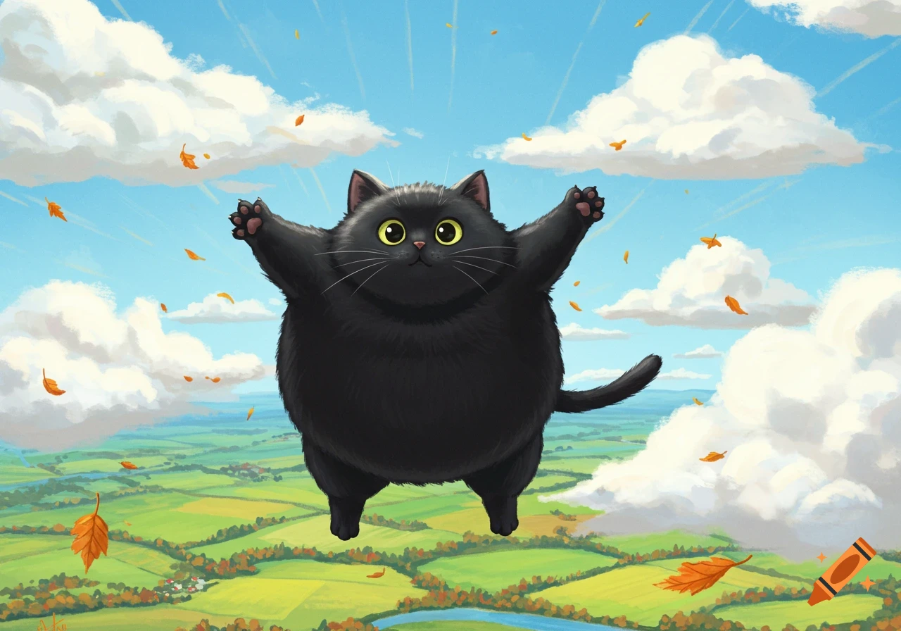 A plump black cartoon cat flies through a sunny blue sky with white clouds and autumn leaves over a green landscape.