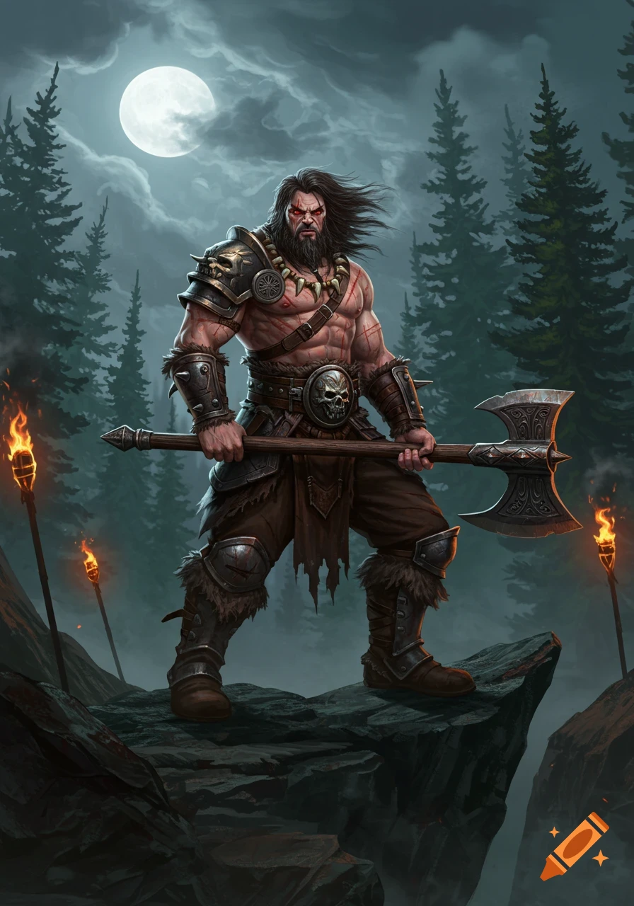 A muscular barbarian warrior with a beard and red eyes stands on a rocky outcrop, holding a large double-bladed axe, with a full moon and pine forest in the background. Digital art.