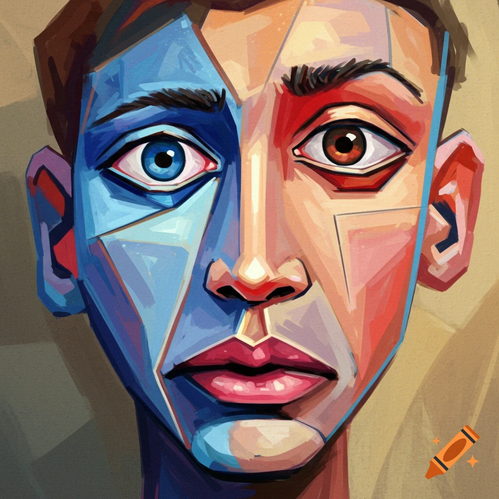 A cubist portrait of a person's face, divided into blue and red sections with geometric shapes.