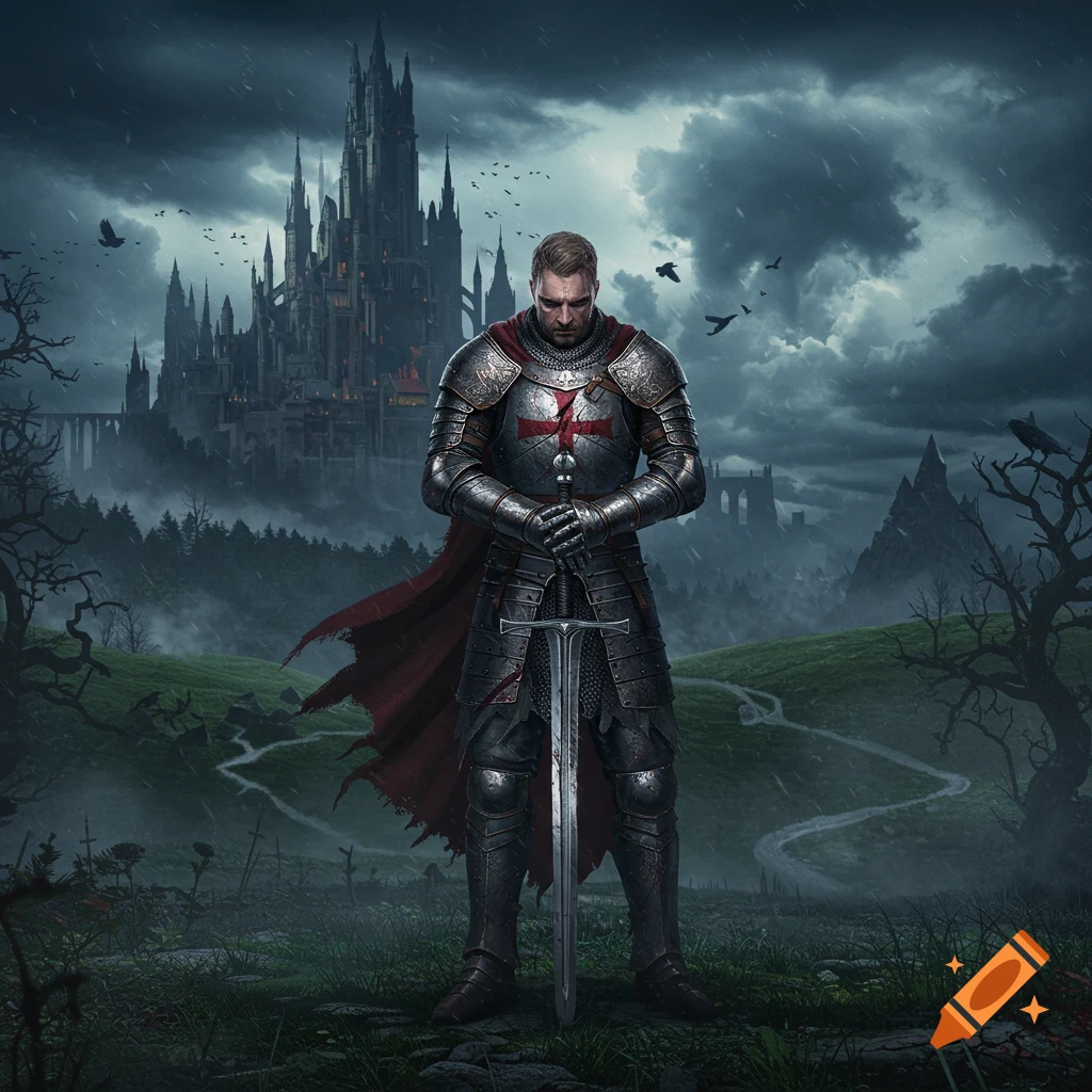 Armored knight holding a sword in a stormy dark fantasy landscape with a gothic castle.