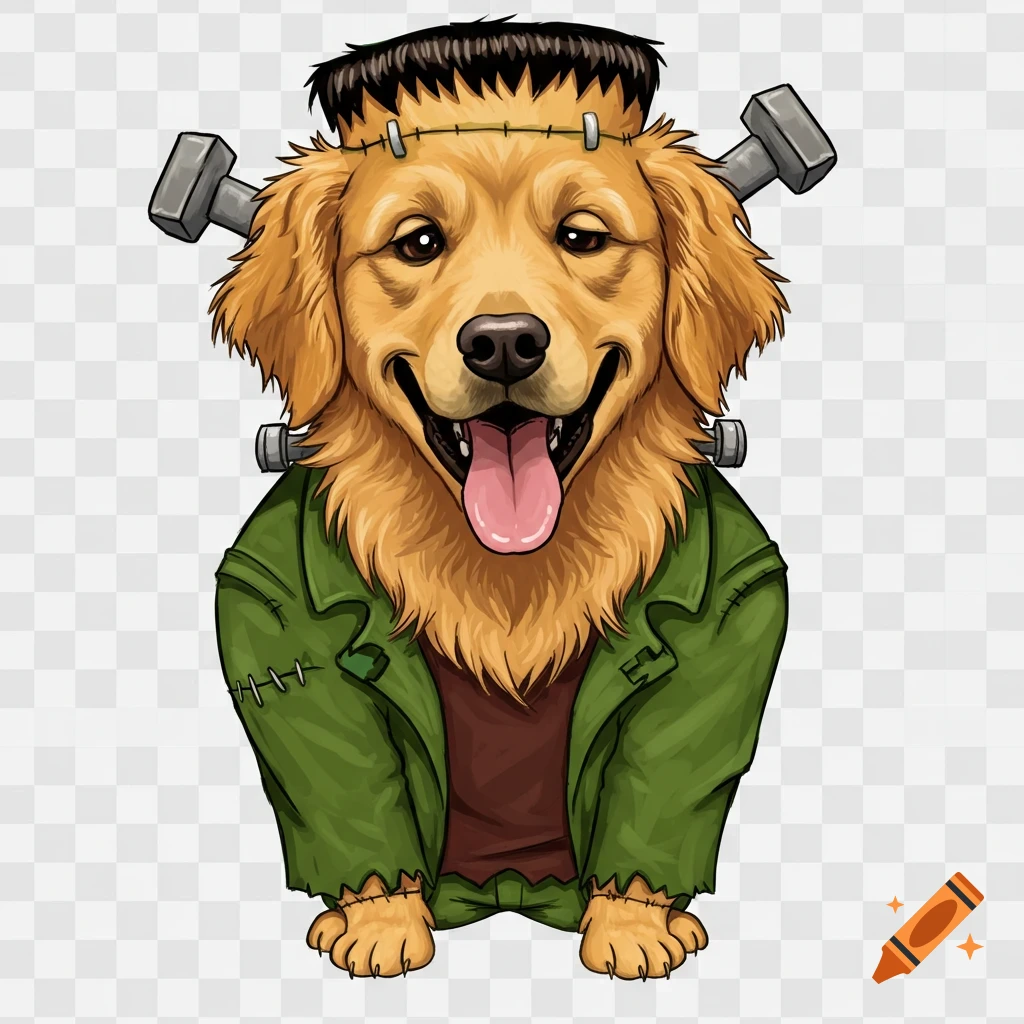 A happy cartoon golden retriever dog dressed as Frankenstein's monster, with a transparent background.