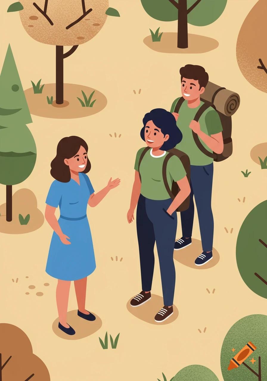 Flat illustration of three people talking in a park; two wear backpacks. Trees and grass surround them.
