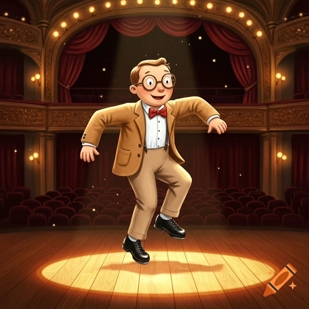 A cartoon character resembling Arthur Read tap dances center stage in a spotlight on an ornate theater stage.