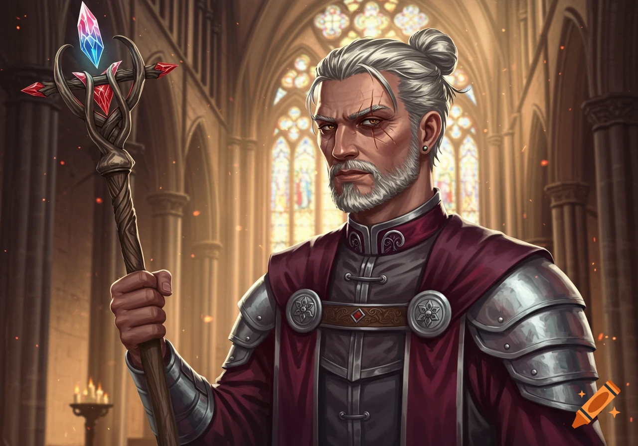 A detailed illustration of a male cleric with a bun, scars on his left eye, and a red cloak, holding a crystal-topped staff in a cathedral.