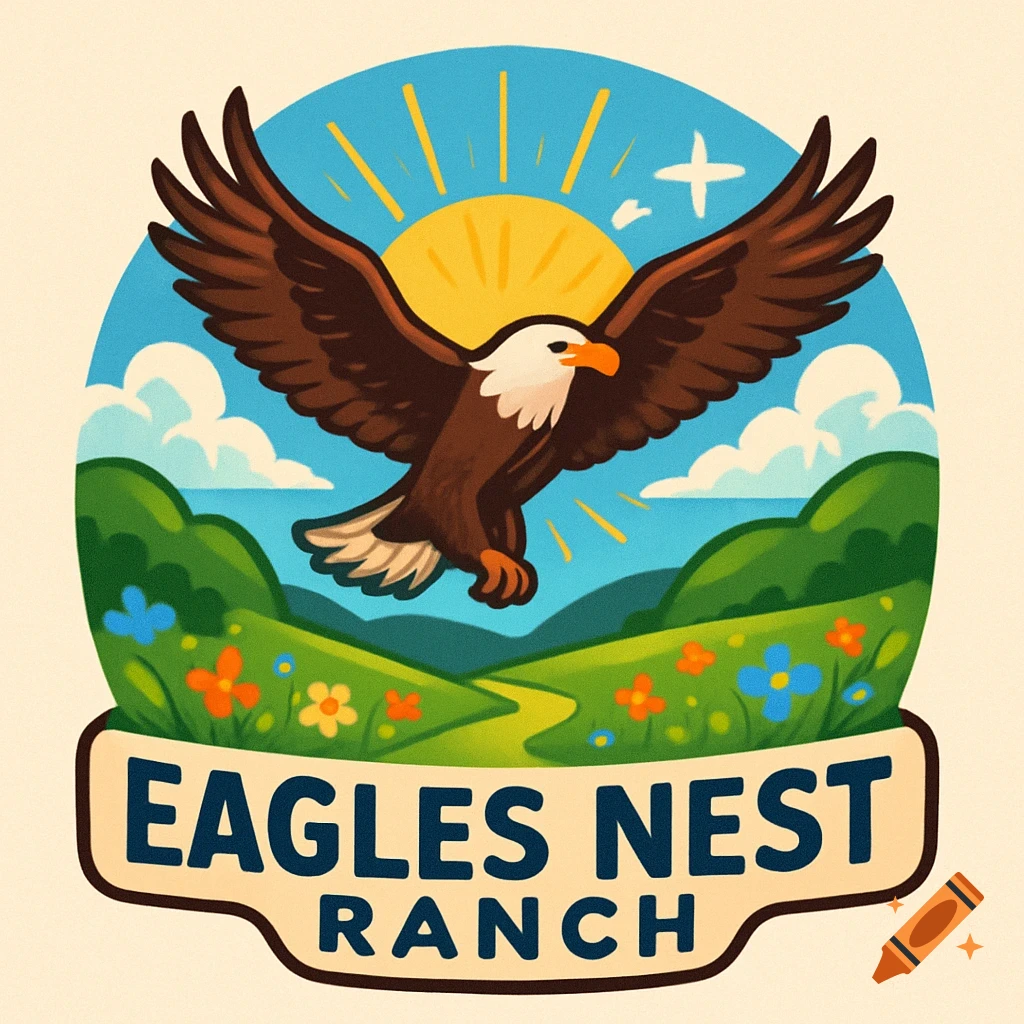 A bright, cartoonish logo of an eagle flying over green hills and a rising sun under a blue sky, with the text 'EAGLES NEST RANCH'.
