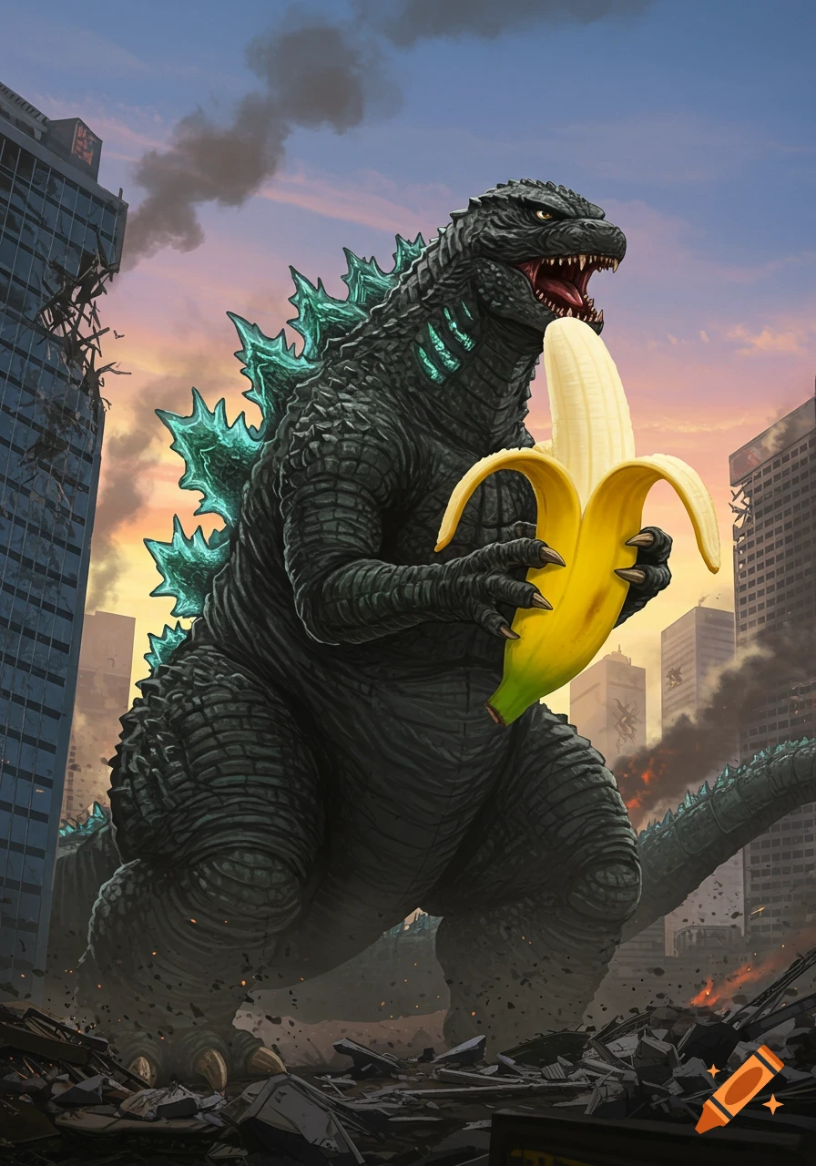Godzilla holding a large peeled banana in a ruined city under an orange sky, illustration.