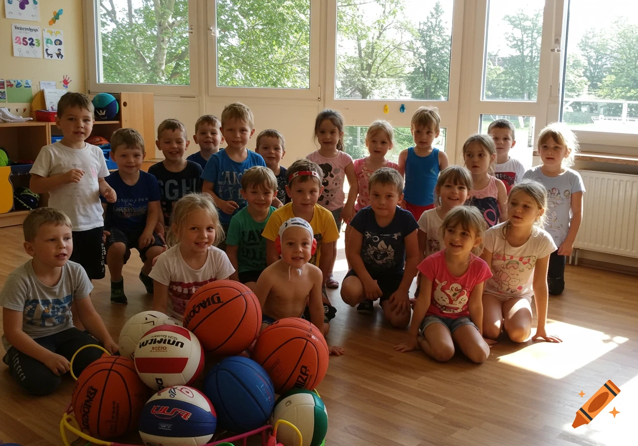 Group of children posing in a brightly lit classroom with various sports balls including basketballs and volleyballs.