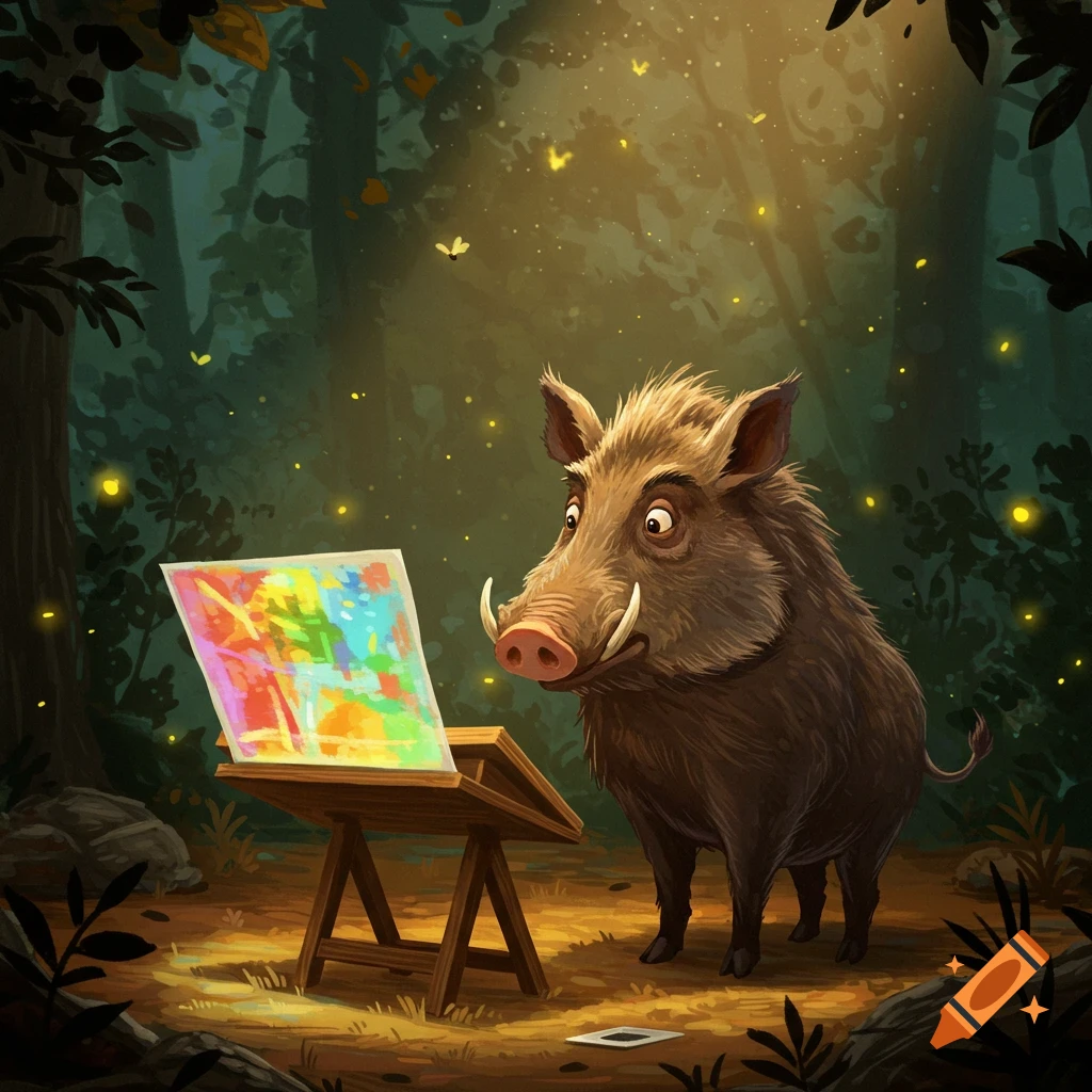 Cartoon wild boar looking at a colorful abstract painting on an easel in a glowing forest, illustration.