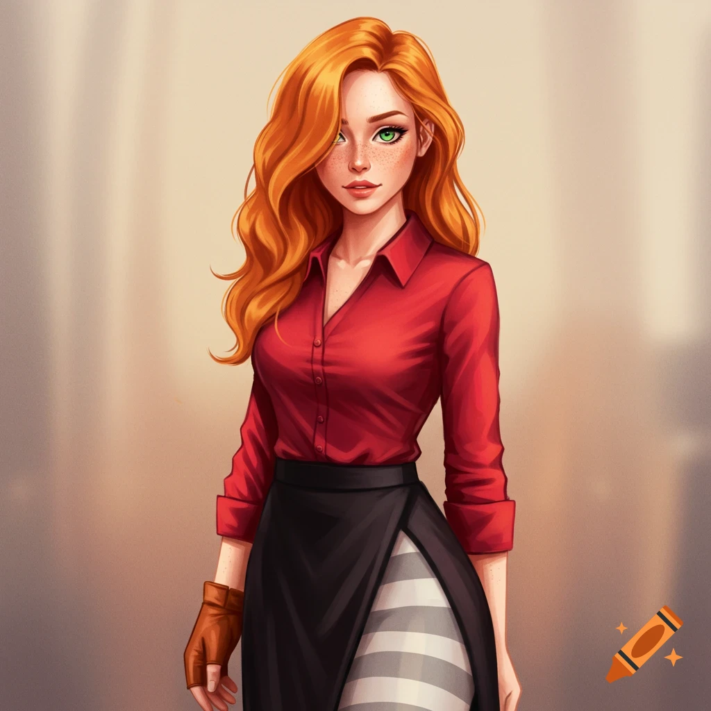 Stylized illustration of a red-haired woman with green eyes, freckles, wearing a red shirt, black skirt, striped leggings, and a brown glove.