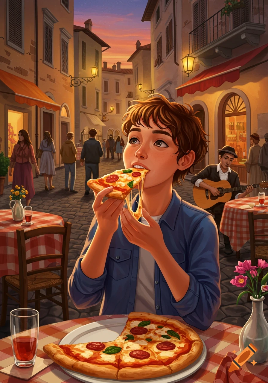 Illustrated scene of a person eating a cheesy pizza slice at an outdoor cafe in a European street at sunset.