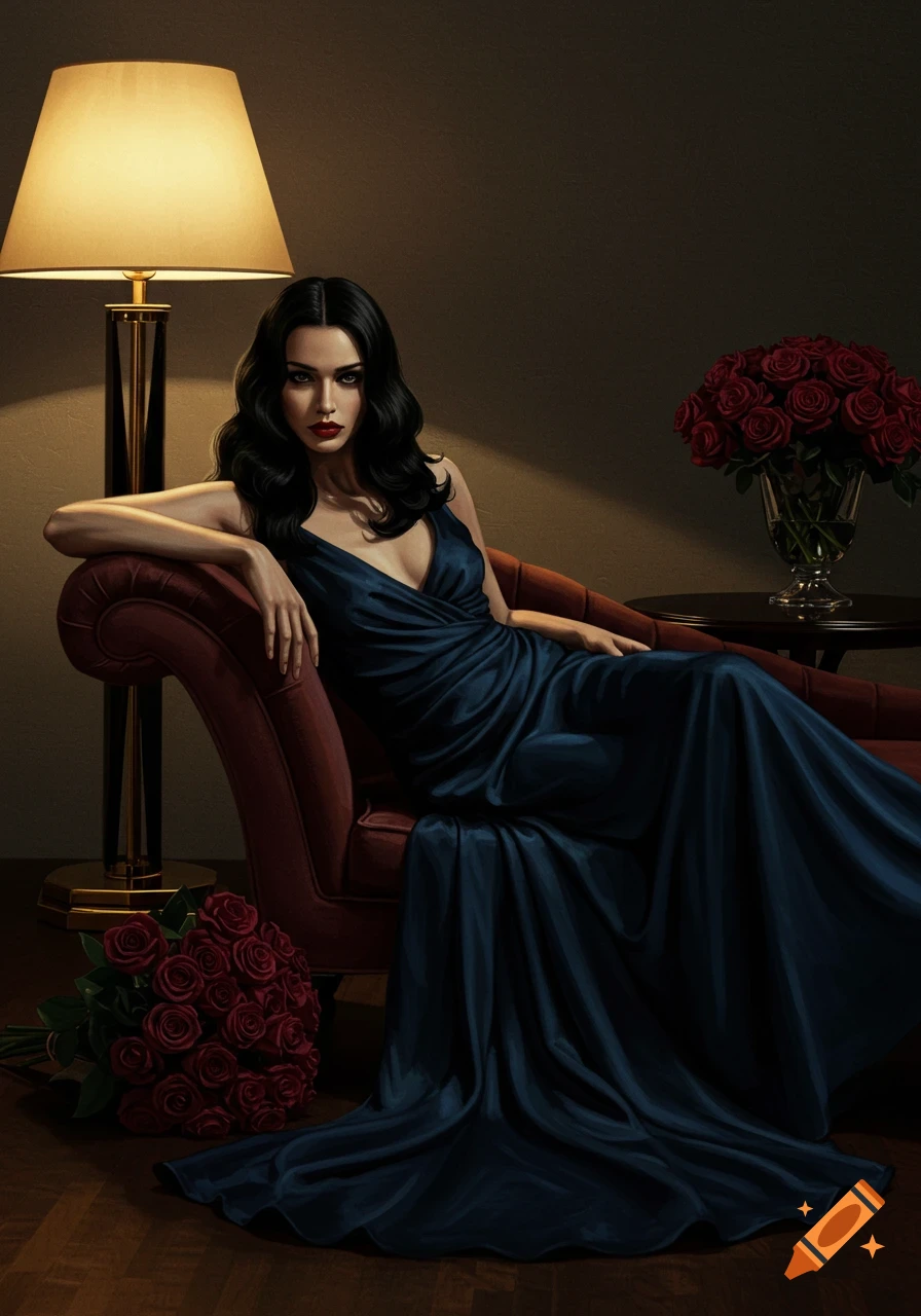A glamorous woman with dark hair and red lipstick in a dark blue satin gown lounges on a chaise lounge, illuminated by a lamp, with red roses nearby.