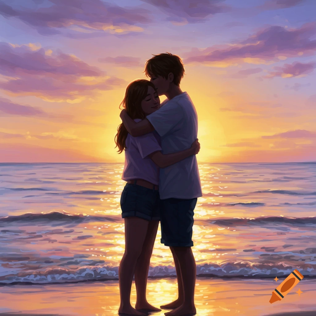 A digitally illustrated couple embracing on a beach at sunset, with warm orange and purple skies reflecting on the water.