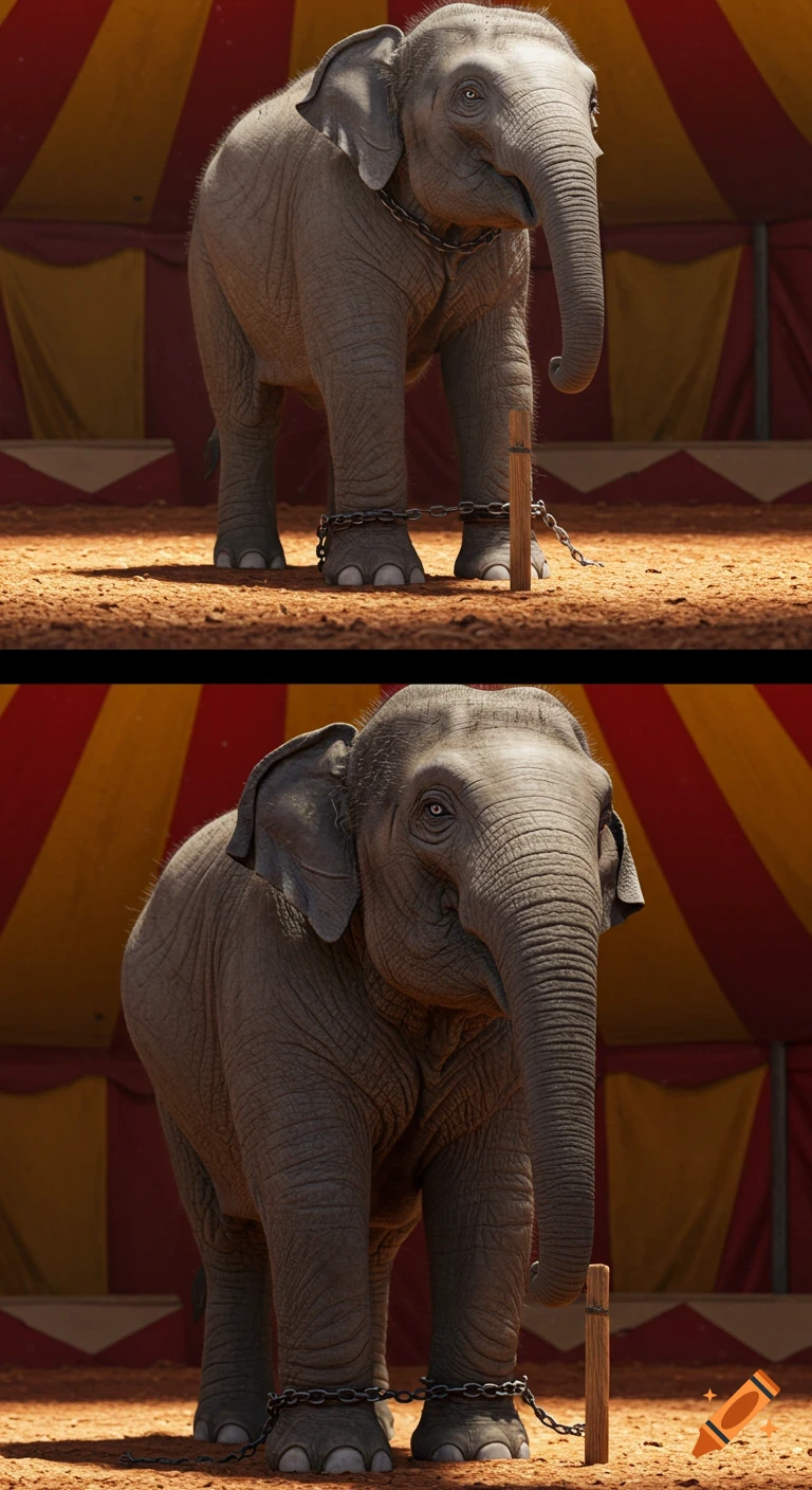 Two photorealistic images stacked vertically, showing an elephant chained to a stake in a red and yellow circus tent.