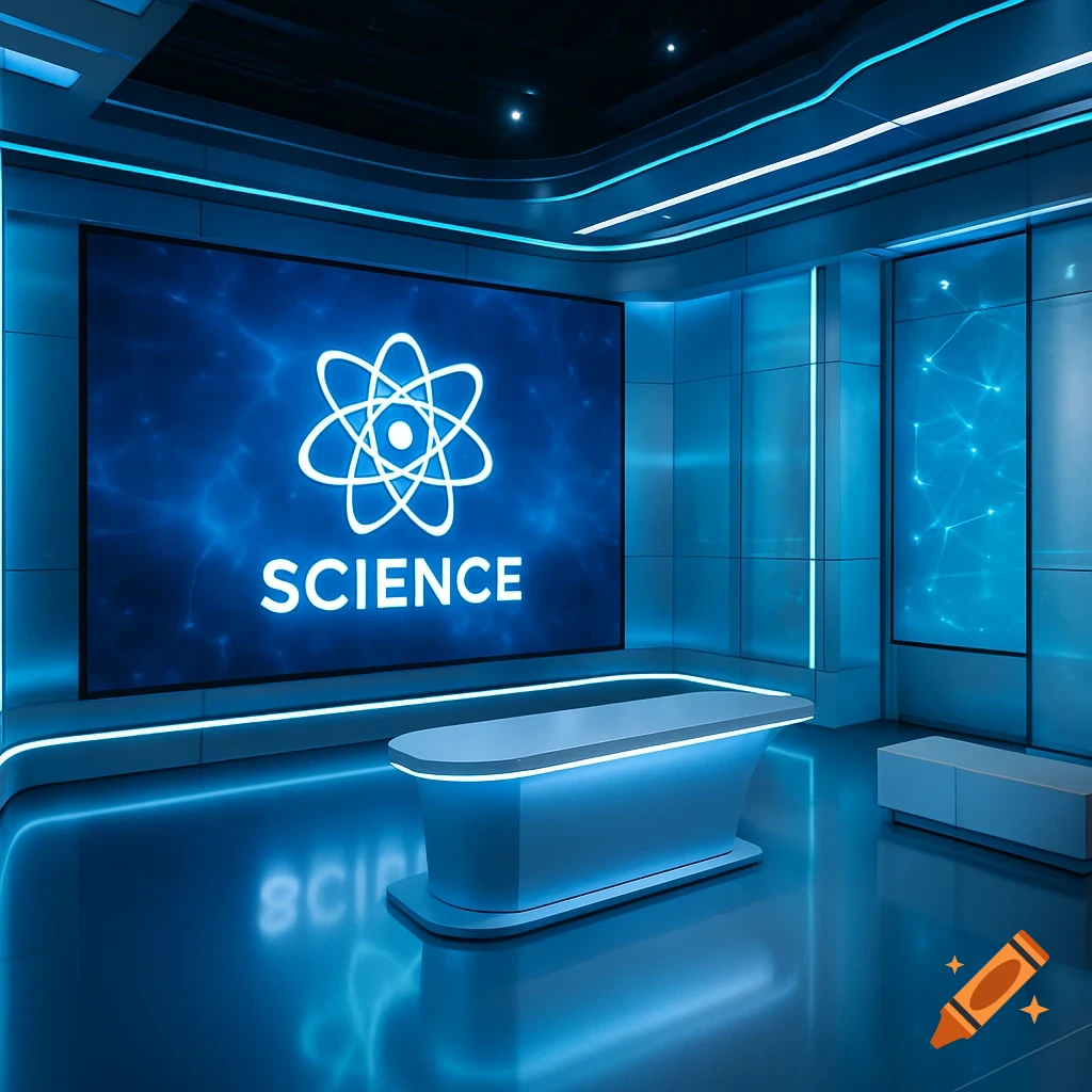 Modern blue lit TV studio set with a large screen displaying a white atom symbol and the word 'SCIENCE'.
