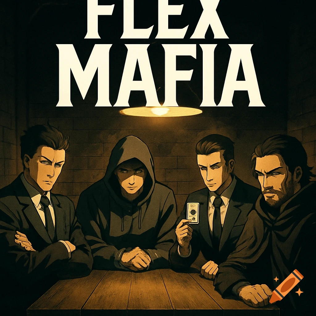 Anime-style illustration of four mysterious men around a table in a dimly lit room, one holding a card, with 'FLEX MAFIA' text above.