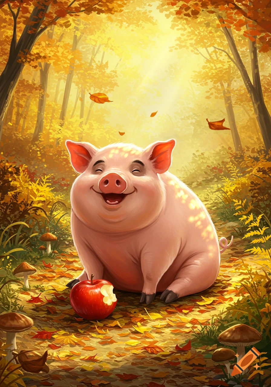 A plump, happy cartoon pig sits on a sunlit autumn forest path with fallen leaves and mushrooms, next to a bitten red apple.