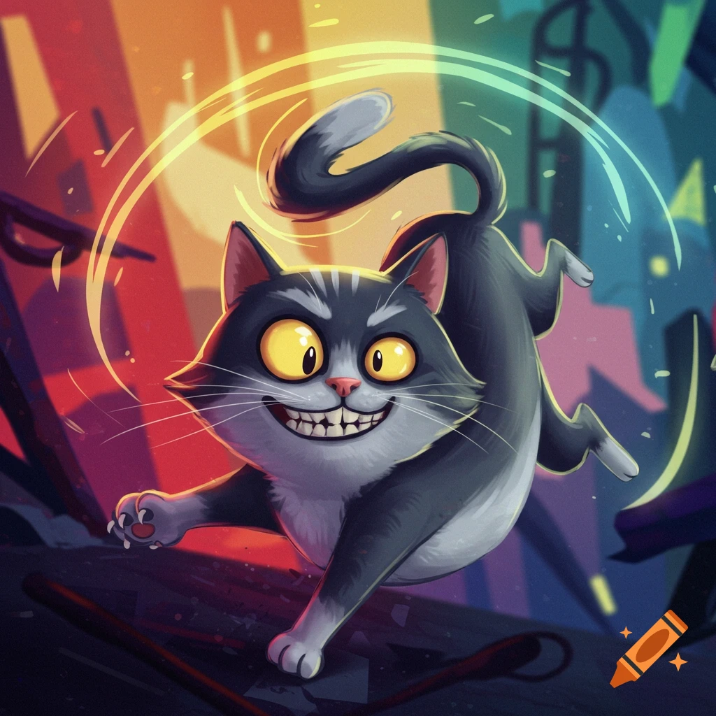 A vibrant cartoon mischievous gray cat with big yellow eyes and a wide grin running forward against a colorful, abstract city background.