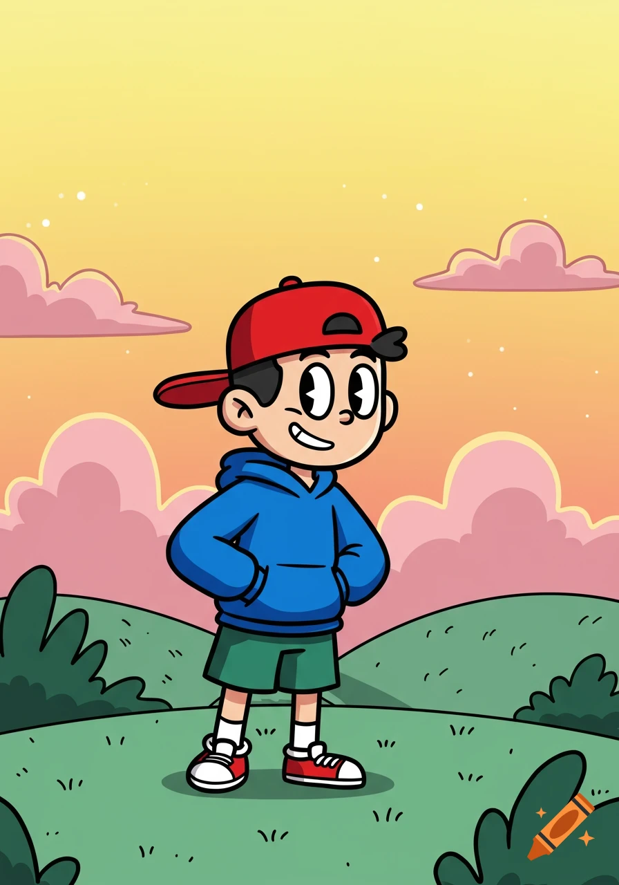 Cartoon boy in a blue hoodie and red cap stands on a grassy hill with pink clouds and a yellow sky.