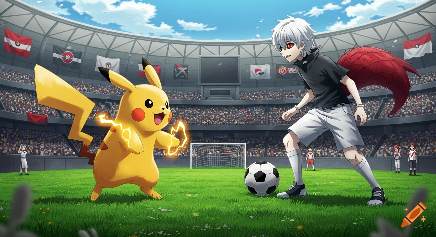 Pikachu and Ken Kaneki face off on a soccer field in a packed stadium with a soccer ball between them.