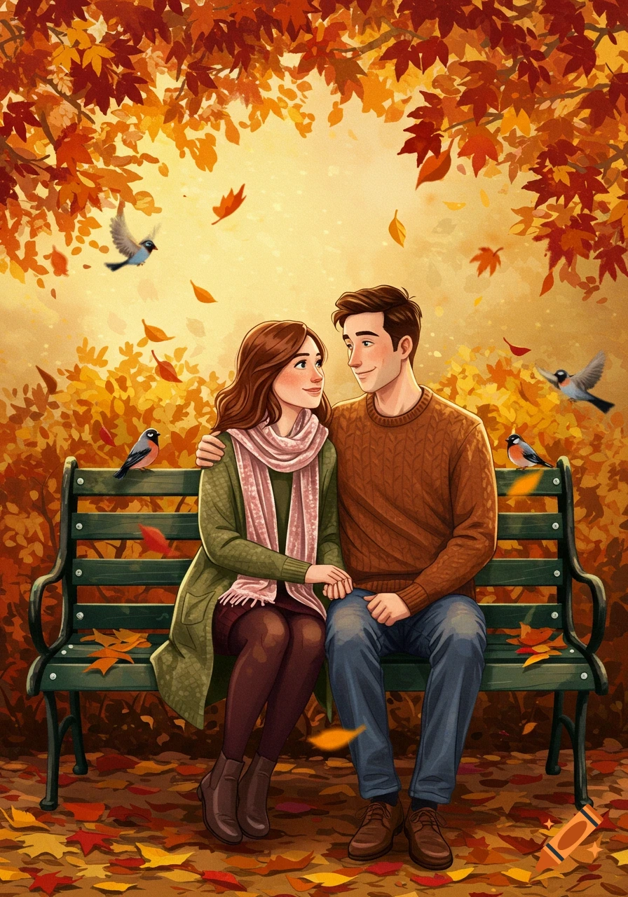 Illustrated cute couple sitting on a park bench under autumn leaves with birds flying and perched.