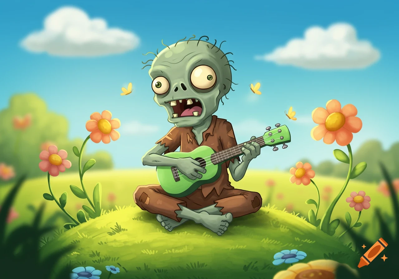 A cute cartoon zombie sits in a sunny grassy field, playing a bright green ukulele with flowers and butterflies nearby.