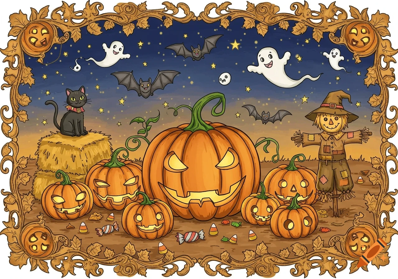 Cartoon Halloween illustration with jack-o'-lanterns, ghosts, bats, a black cat, and a scarecrow under a starry sky, framed by autumn leaves.