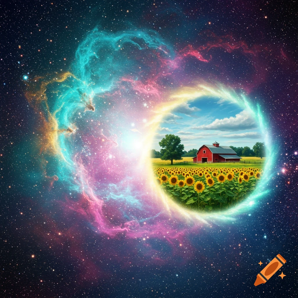 A vibrant nebula in space frames a glowing portal leading to a sunny farm scene with a red barn and sunflower field.