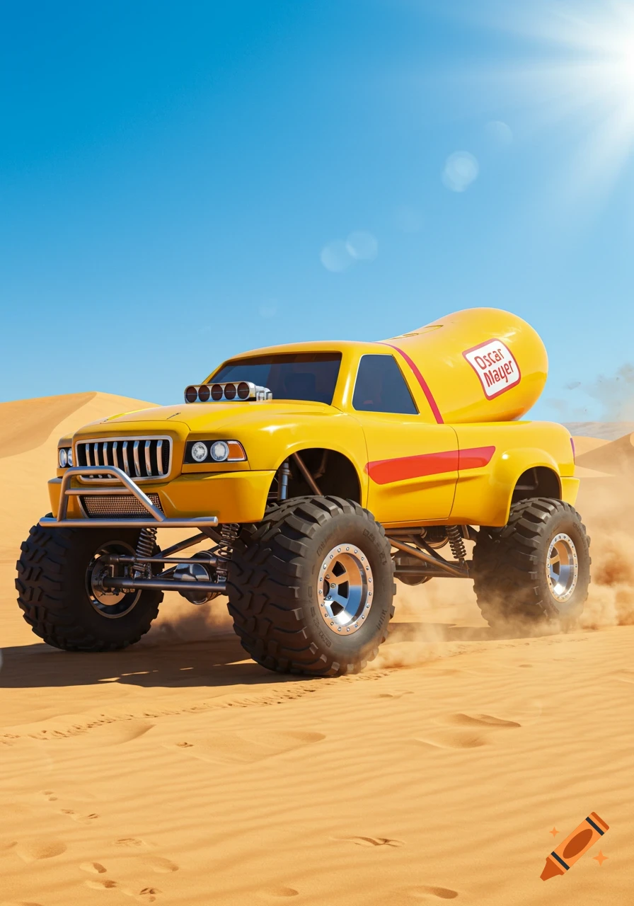 A bright yellow Oscar Mayer Wienermobile monster truck drives through a sandy desert under a clear blue sky.