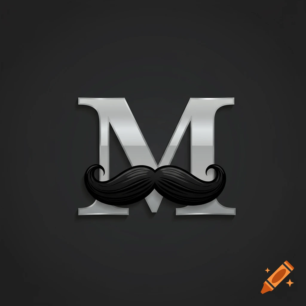 A metallic silver letter 'M' with a prominent black handlebar mustache centered on a dark grey background.