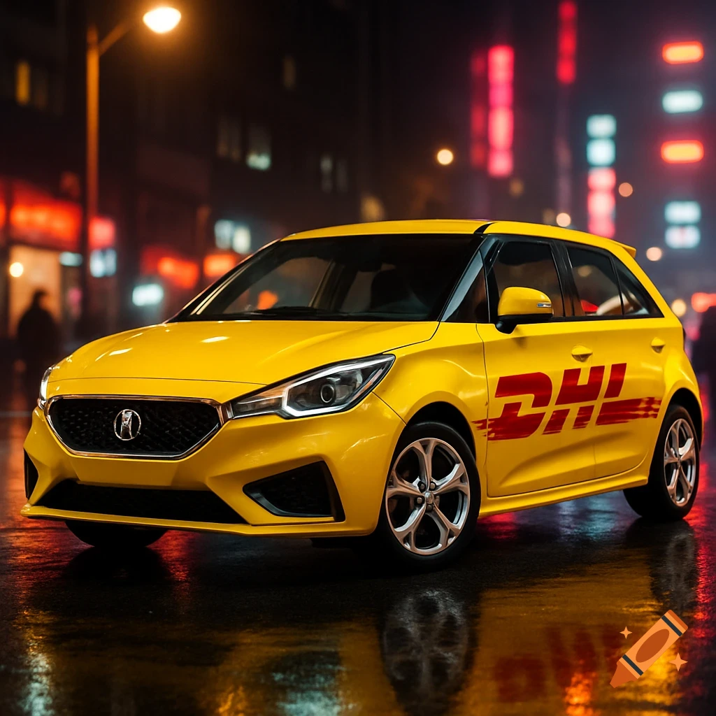 A bright yellow MG3 car with red DHL branding parked on a wet street at night, with blurred city lights in the background.