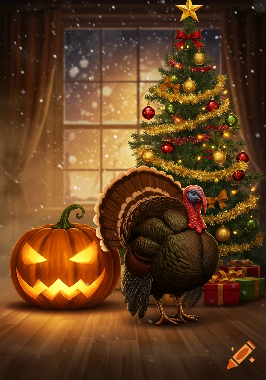 A digital painting of a jack-o'-lantern, a turkey, and a decorated Christmas tree next to a window with snow falling.