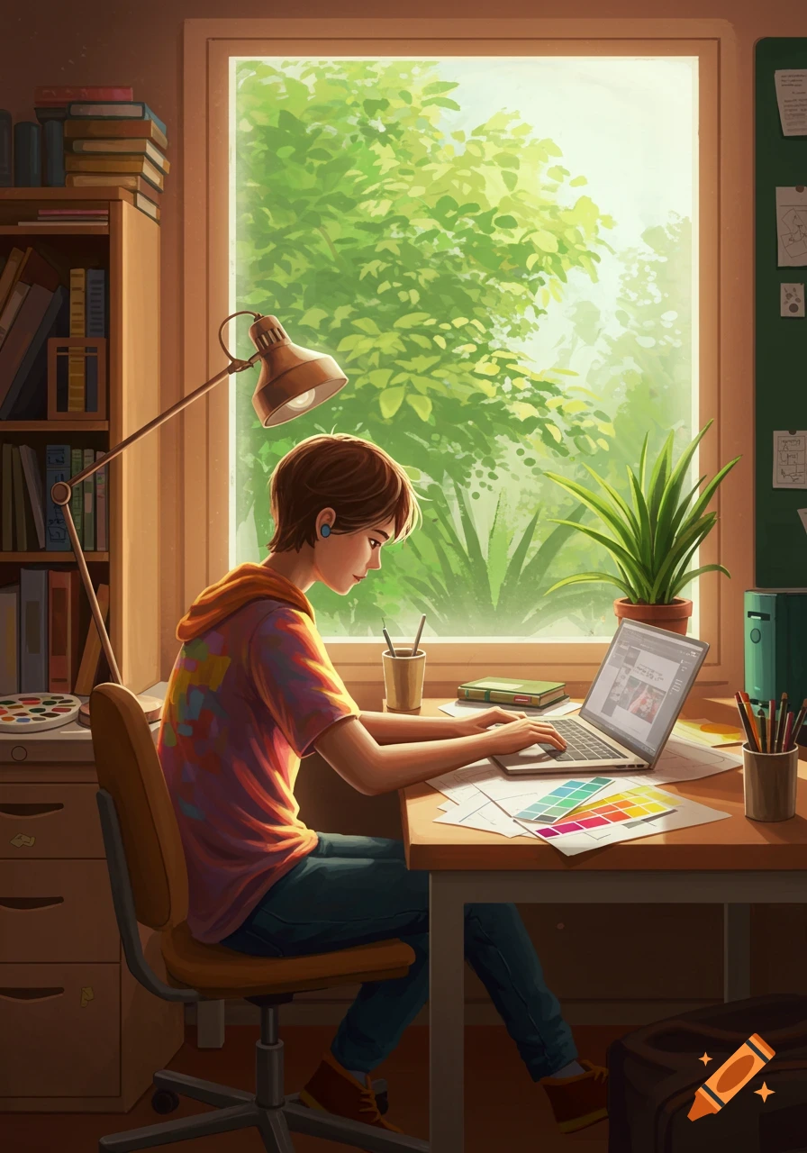 An illustrated image of a young person working on a laptop at a desk, surrounded by books and art supplies, with a lush green view outside the window.