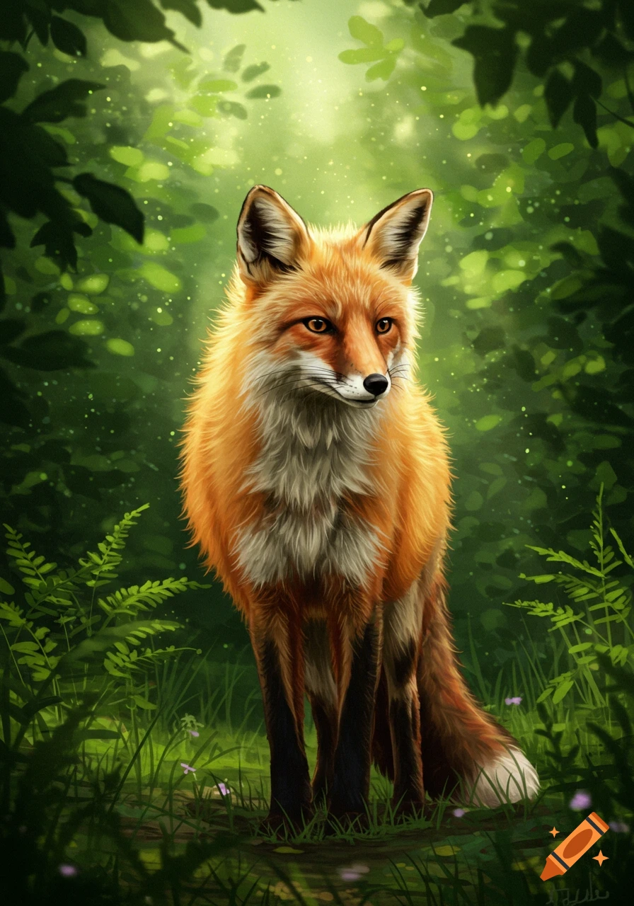 A beautiful red fox with white chest fur stands alert in a vibrant, sun-dappled green forest, digitally painted.