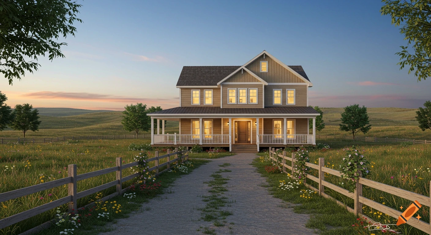 Photorealistic two-story country house with a wide wrap-around porch, on a dirt driveway through a grassy field with fences at sunset.