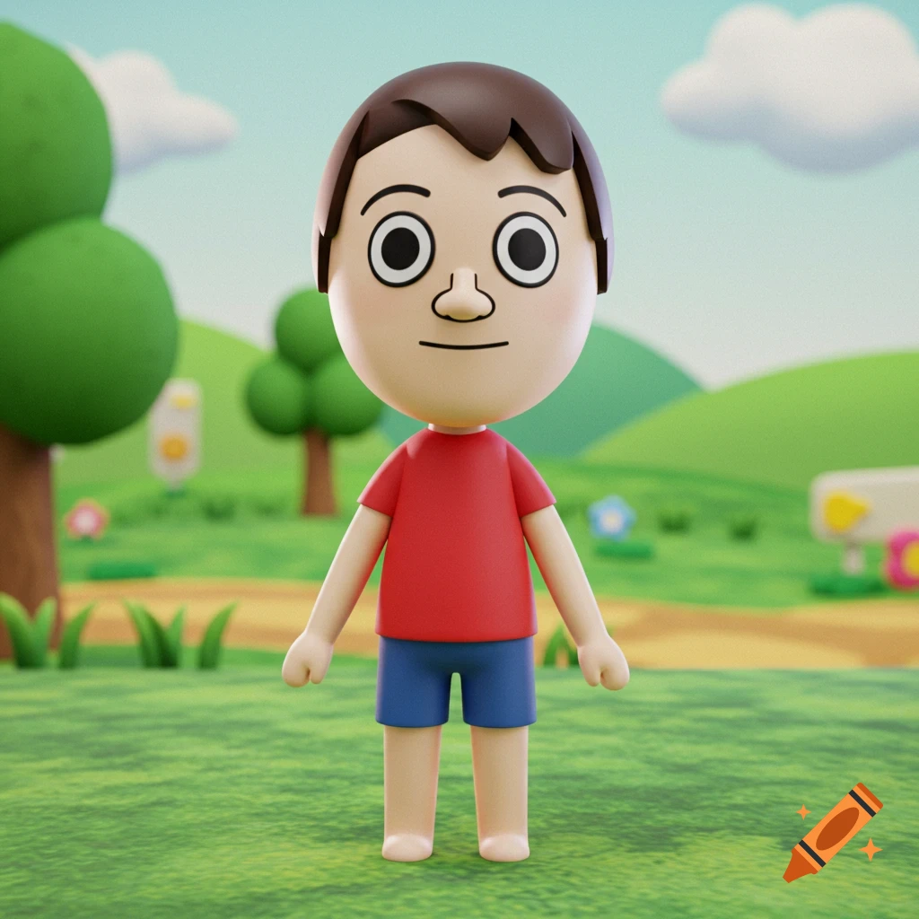 A 3D rendered male Mii character with brown hair, red shirt, and blue shorts stands in a grassy, cartoon-like outdoor landscape.