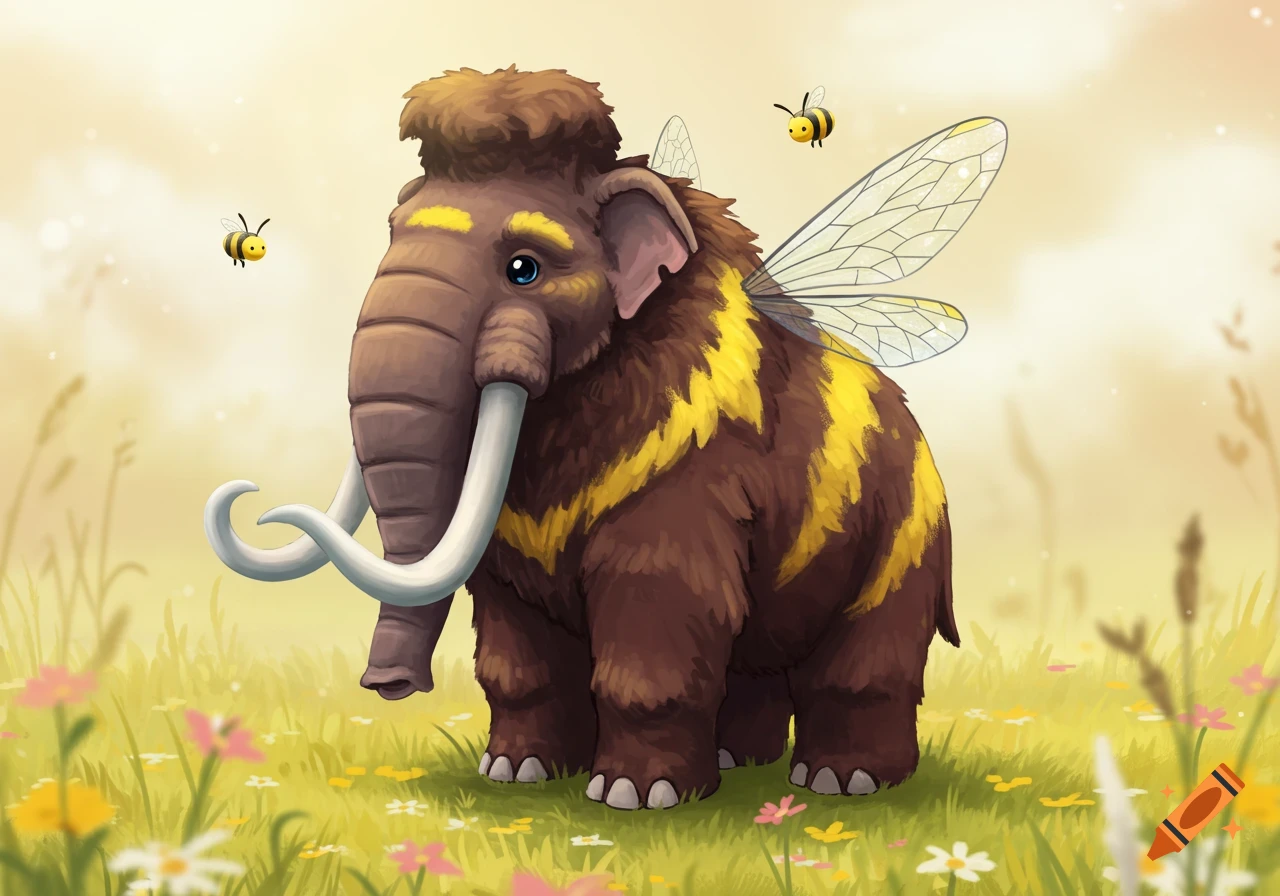 A cute cartoon mammoth-bee hybrid with yellow stripes and bee wings stands in a flowery field with two small bees flying.