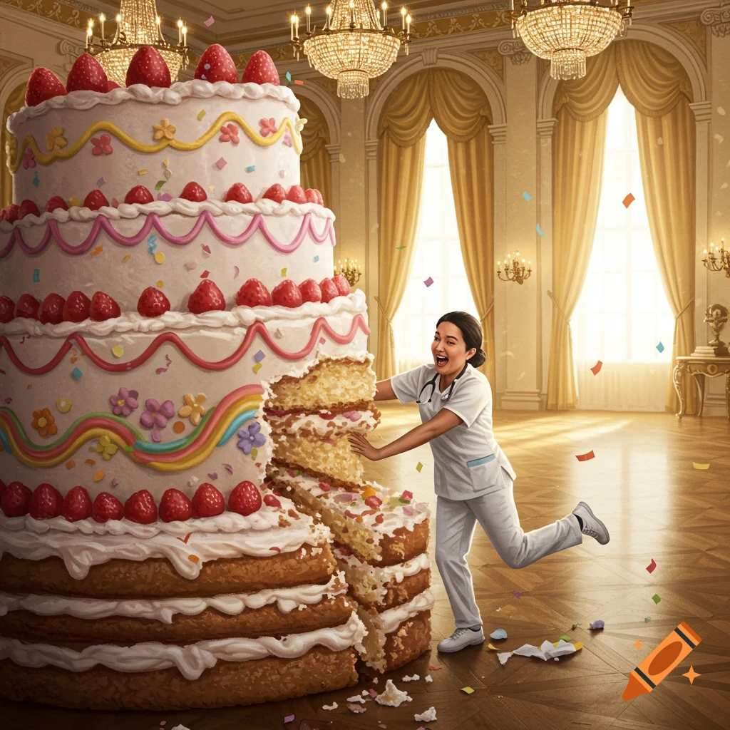 A smiling nurse emerges from a gigantic, multi-tiered strawberry cake in a grand ballroom filled with confetti.