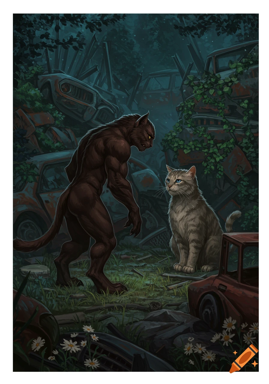 A muscular, dark brown werecat bows before a calm gray tabby cat in an overgrown junkyard with rusted cars.