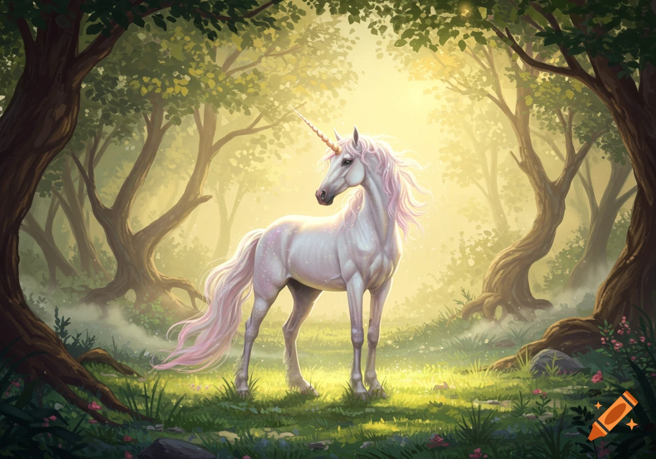 A majestic white unicorn with a pink mane and tail stands in a sun-dappled magical forest.