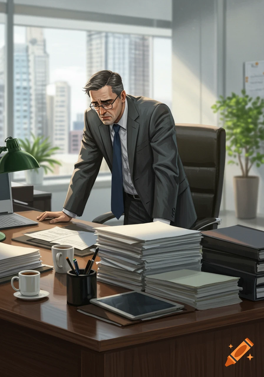 An illustrated, tired businessman in a suit leans over a cluttered office desk overlooking a city skyline.