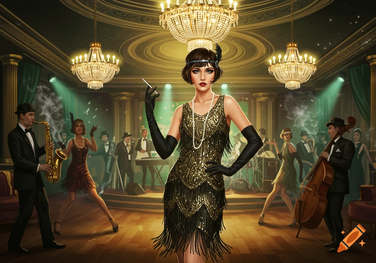 A woman in a gold flapper dress and long black gloves holds a cigarette in a glamorous 1920s club with musicians and dancers.