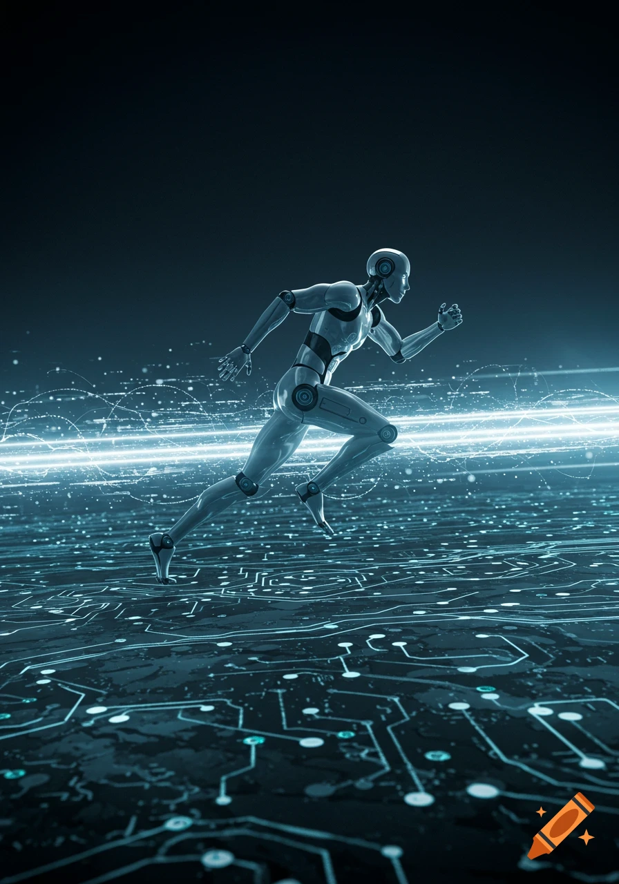 A futuristic robot sprints across a glowing, circuit board-like digital network, leaving light trails behind.