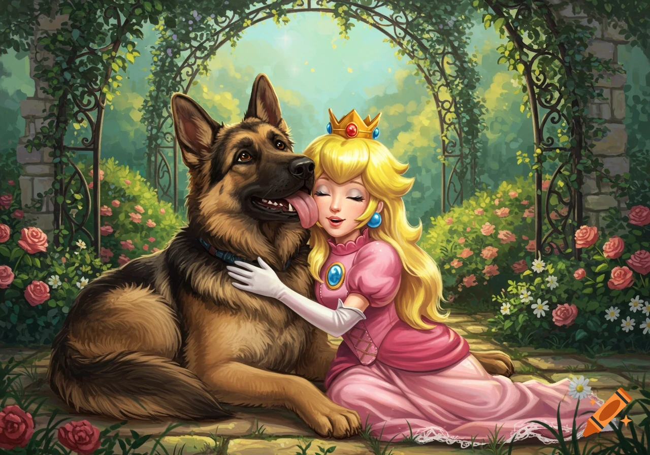 Princess Peach embraces a German Shepherd in a fantasy garden, the dog licking her cheek in a digital painting.